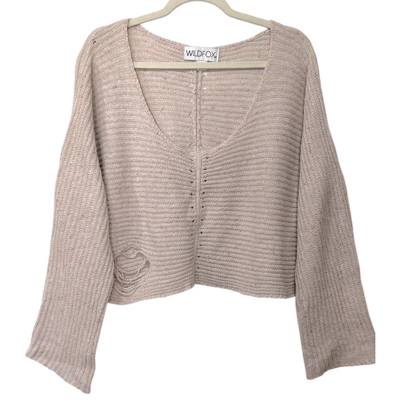 Wildfox Terra Distressed Cropped Ribbed Long Sleeve Sweater Blush Pink Small - Picture 11 of 12